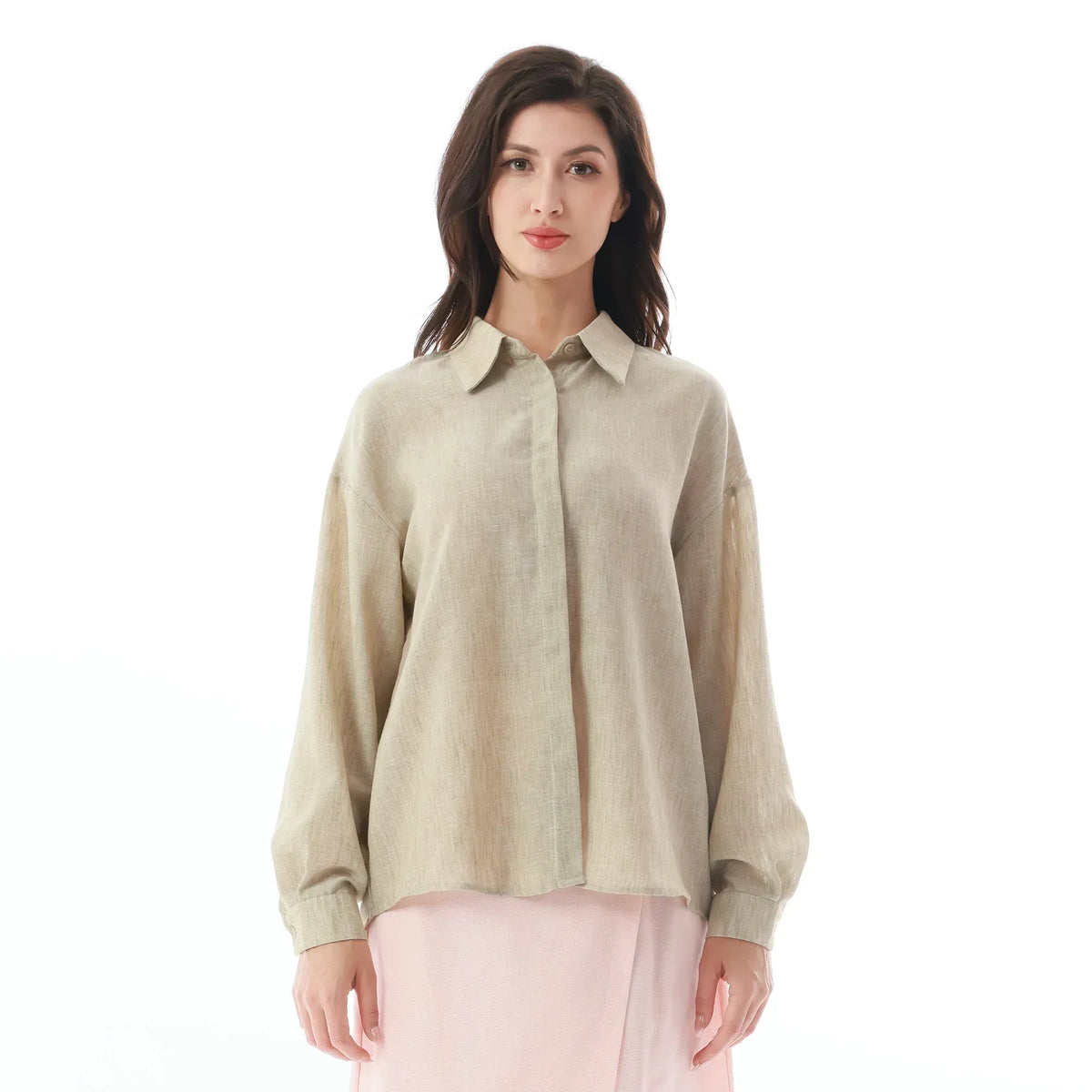 Khaki Solid Linen Shirt for Women Image