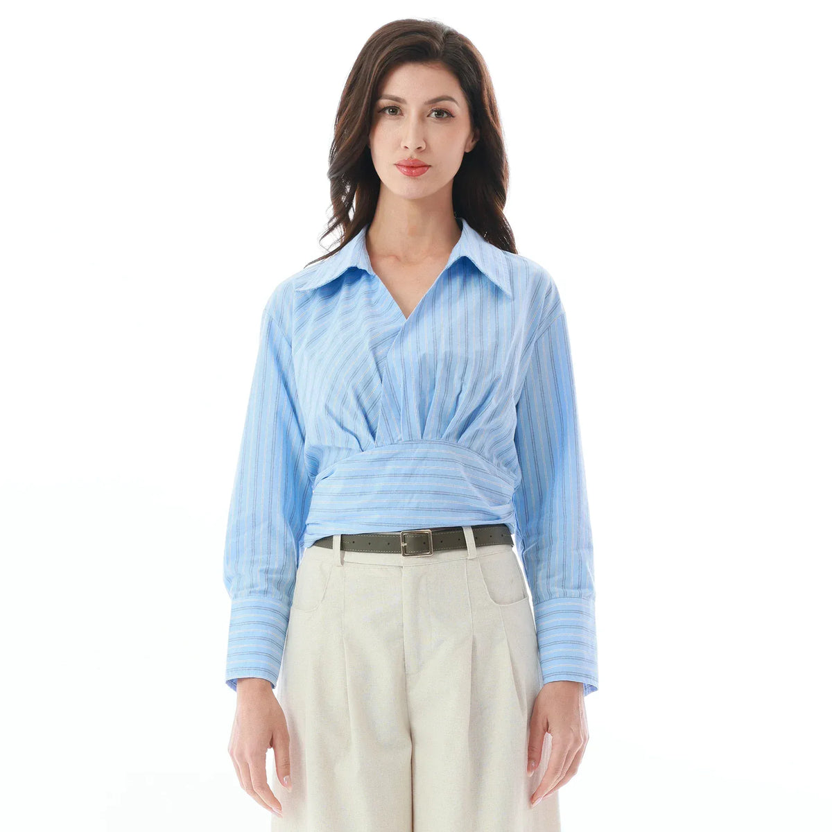 Blue Striped Linen Blouse for Women Image