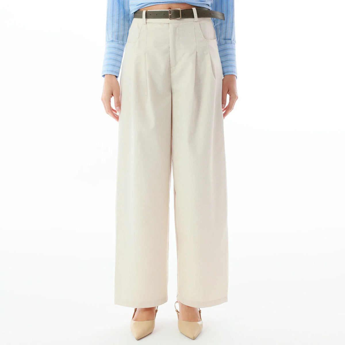 Beige Plain Linen Pants for Women Image