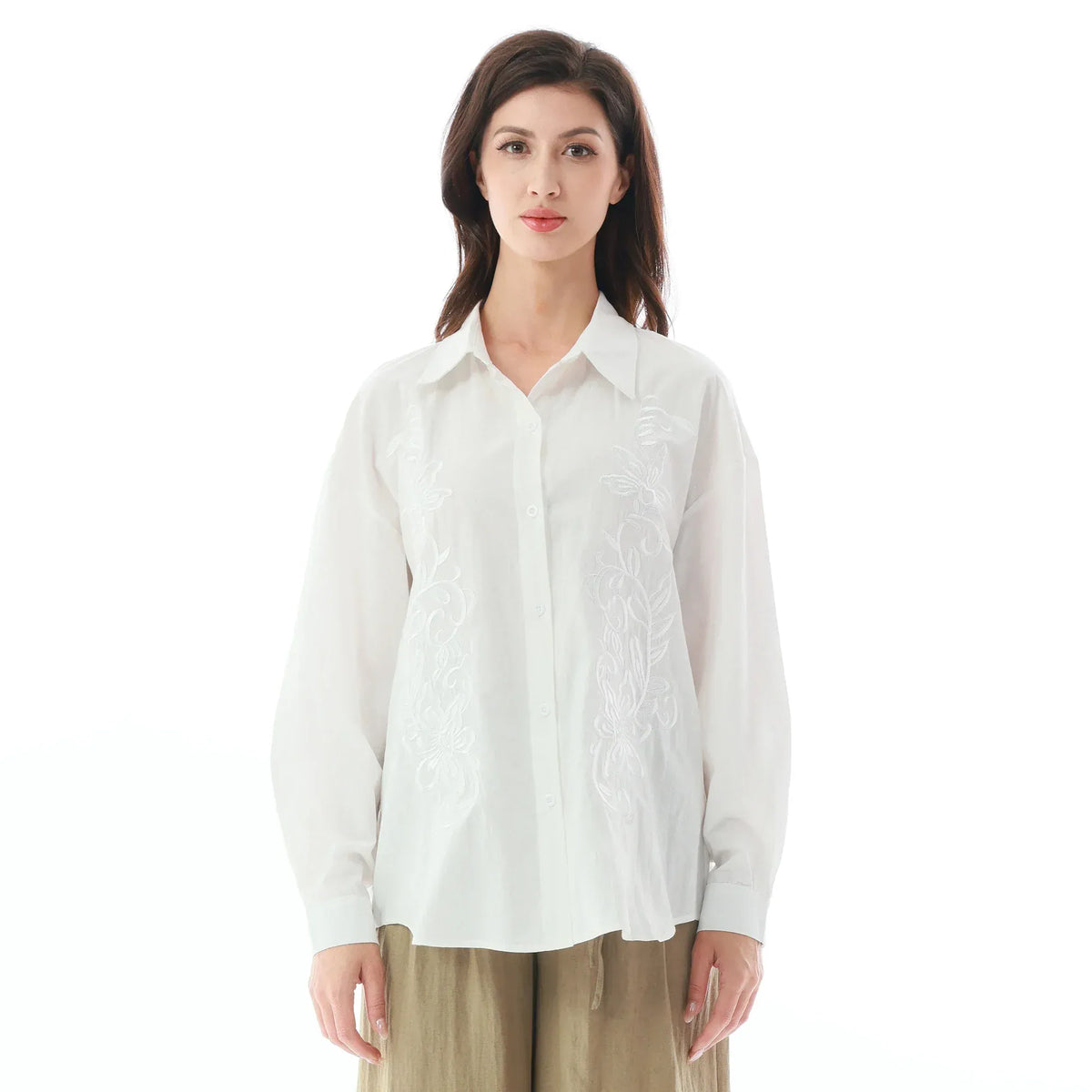 White Floral Linen Shirt for Women Image
