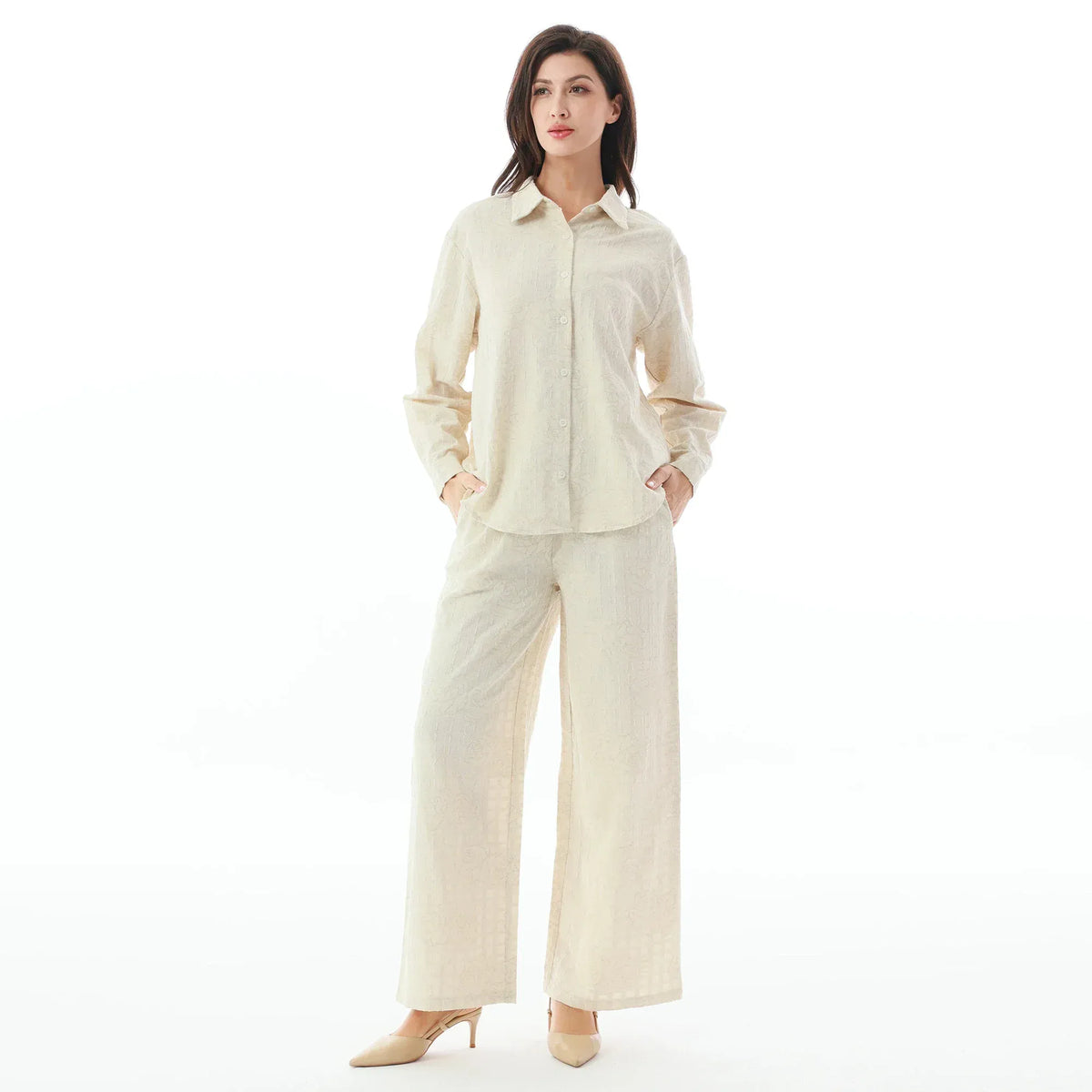 Light Khaki Floral Linen Set-2Pc for Women Image