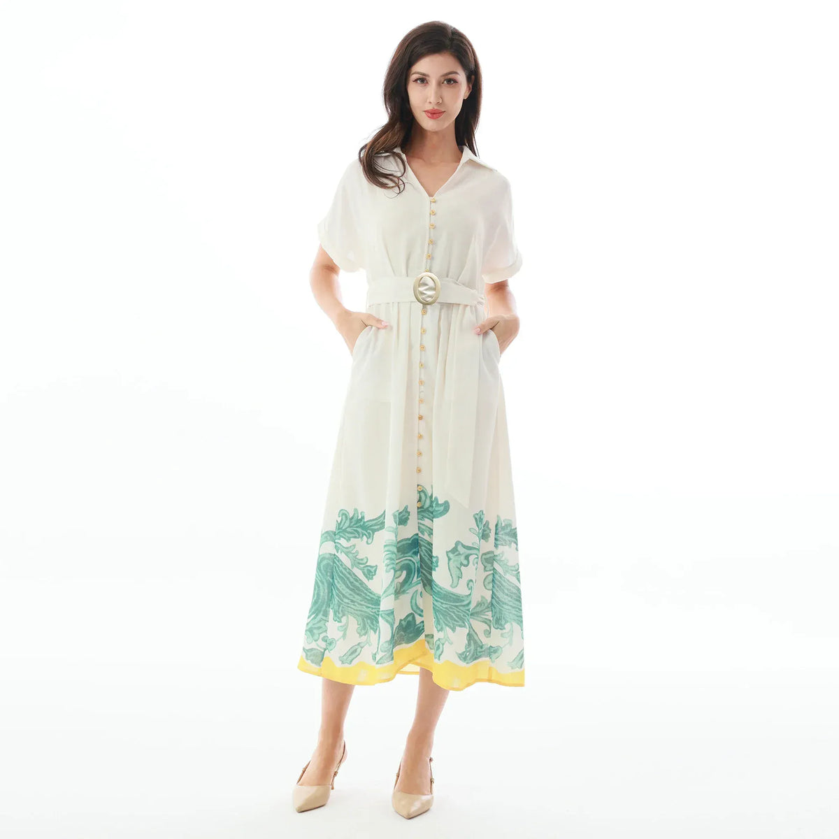 Beige Floral Linen Dress for Women Image