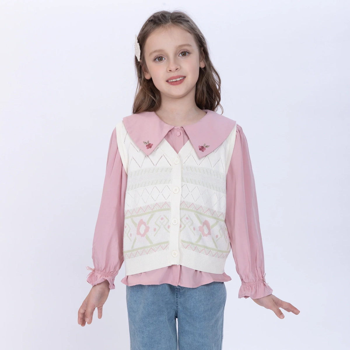 Off White Embroidery Waistcoat for Girls Image