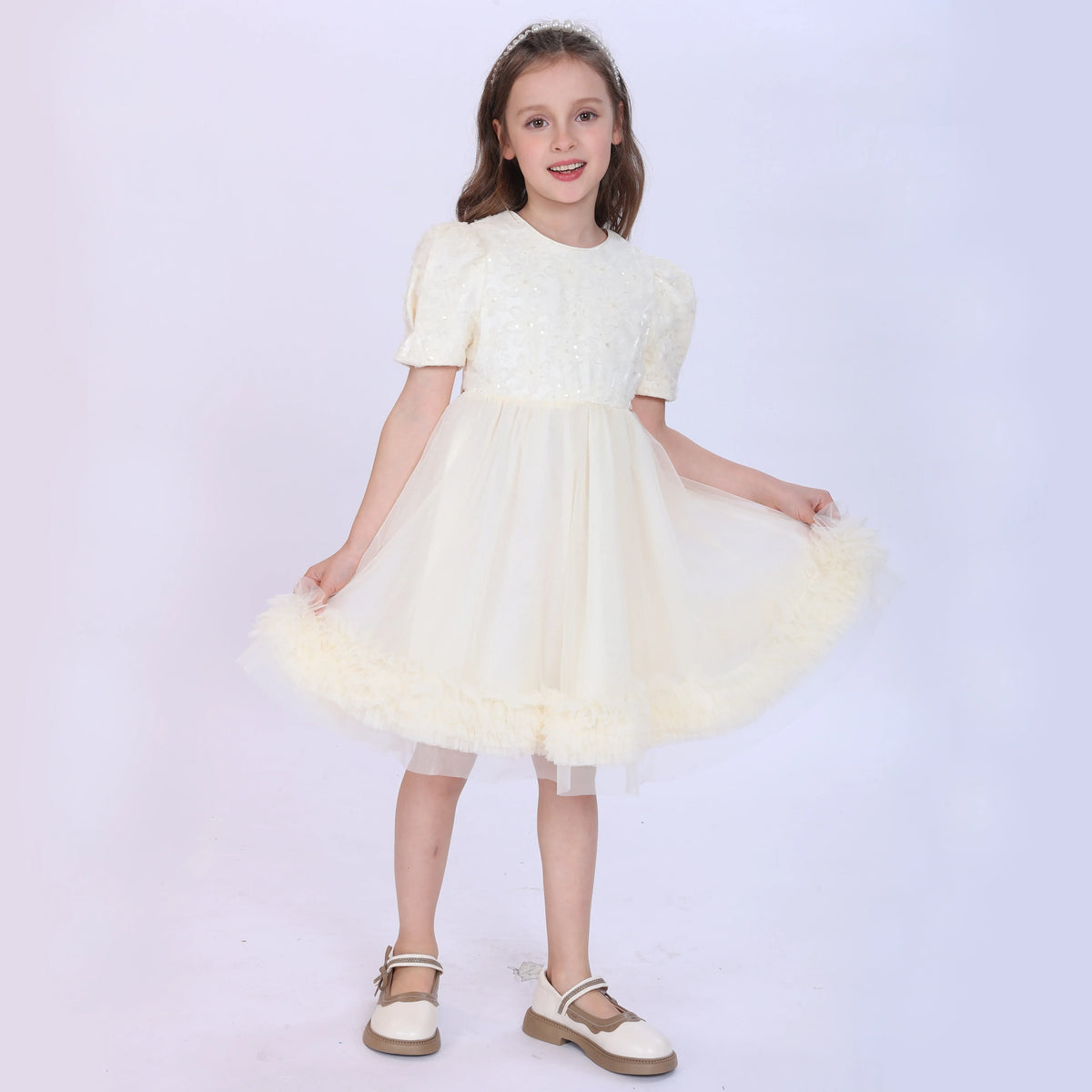 Beige Floral Dress for Girls Image