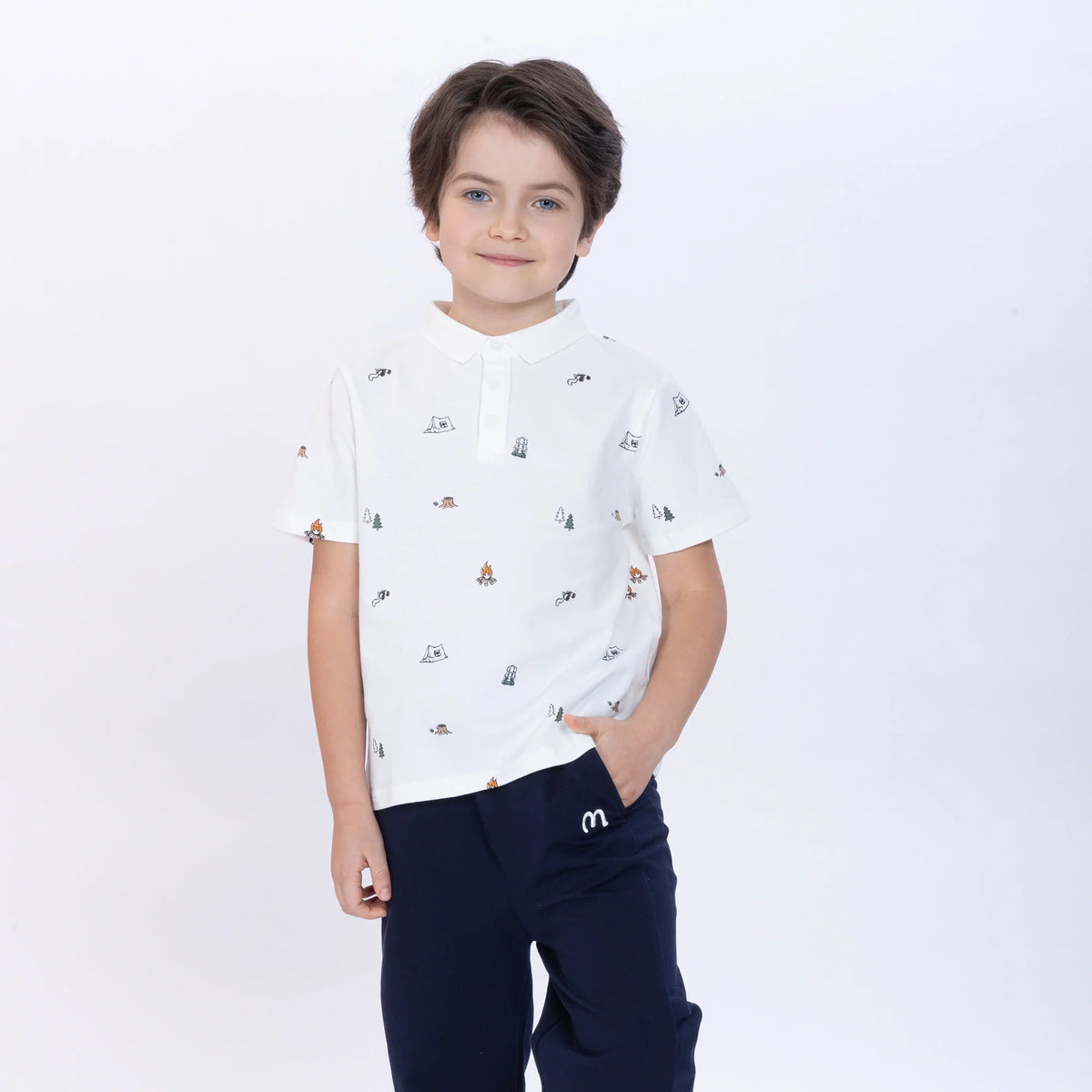 White Printed Polo Shirt for Boys Image