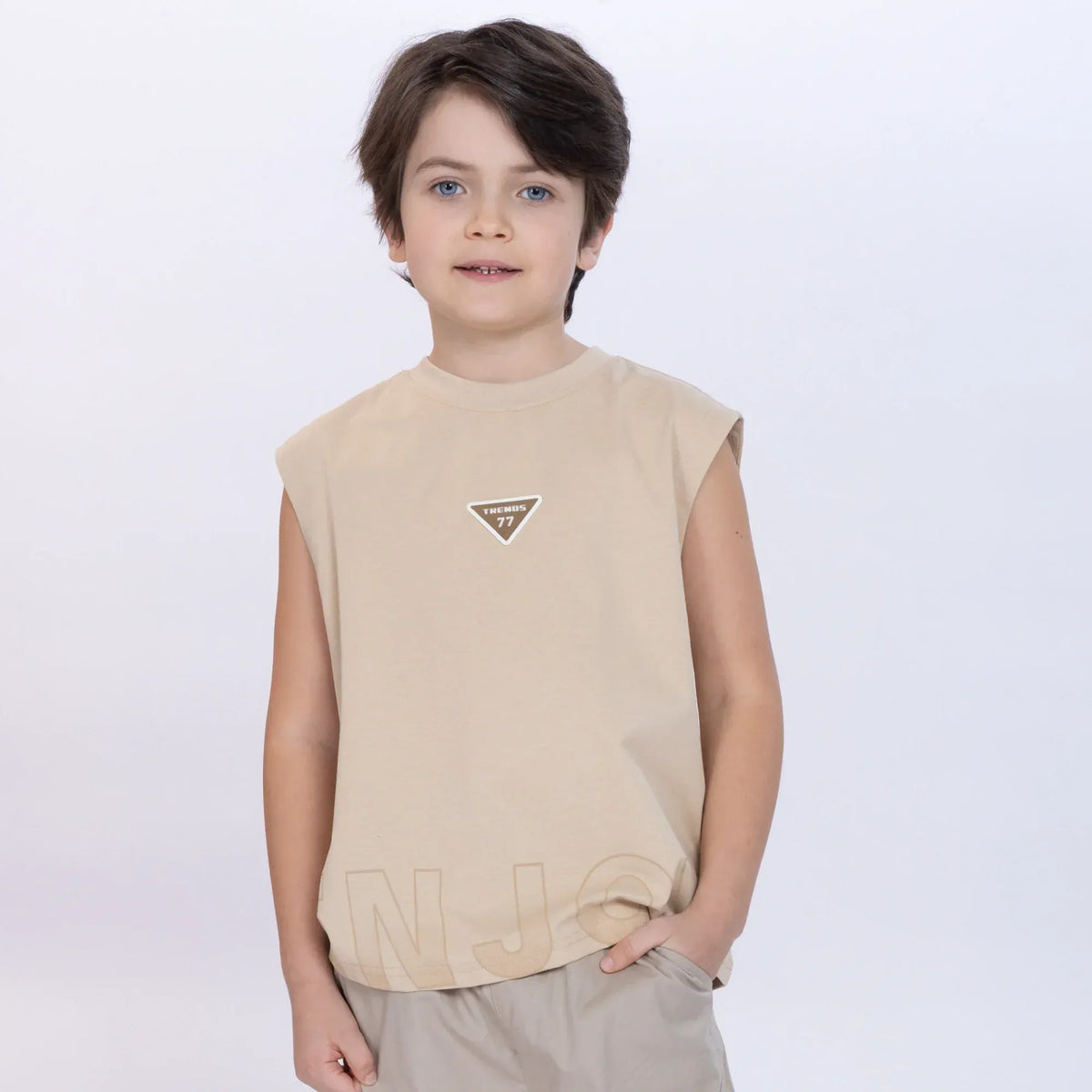 Khaki Printed Sleeveless T-Shirt for Boys Image