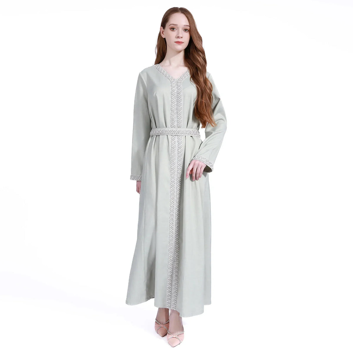 Grey Green Beaded Galabia for Women Image