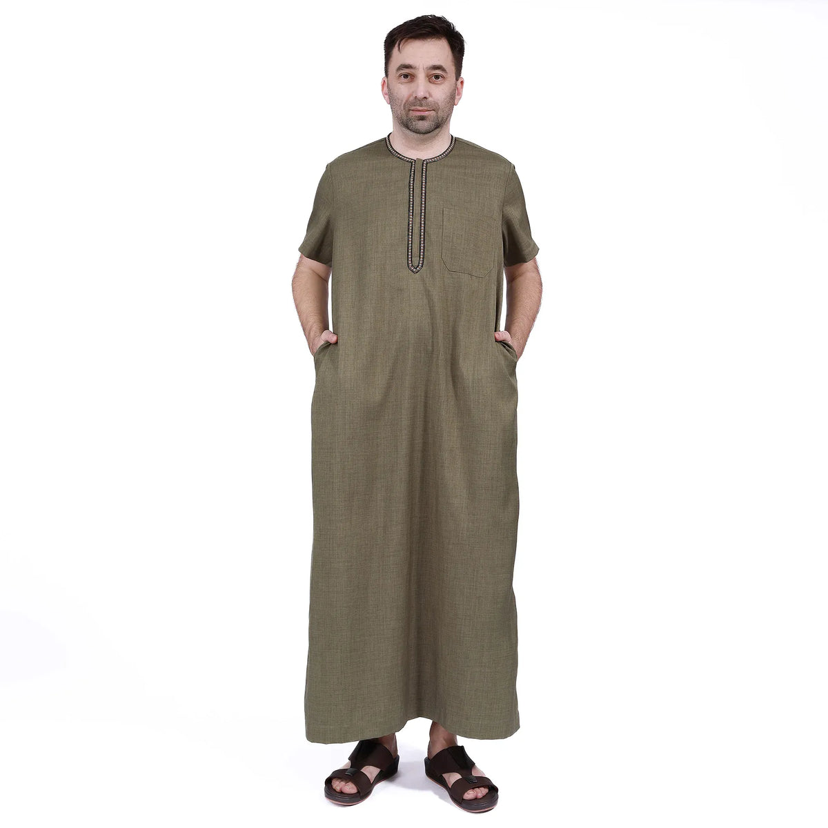 Army Green Embroidery Thoub for Men Image