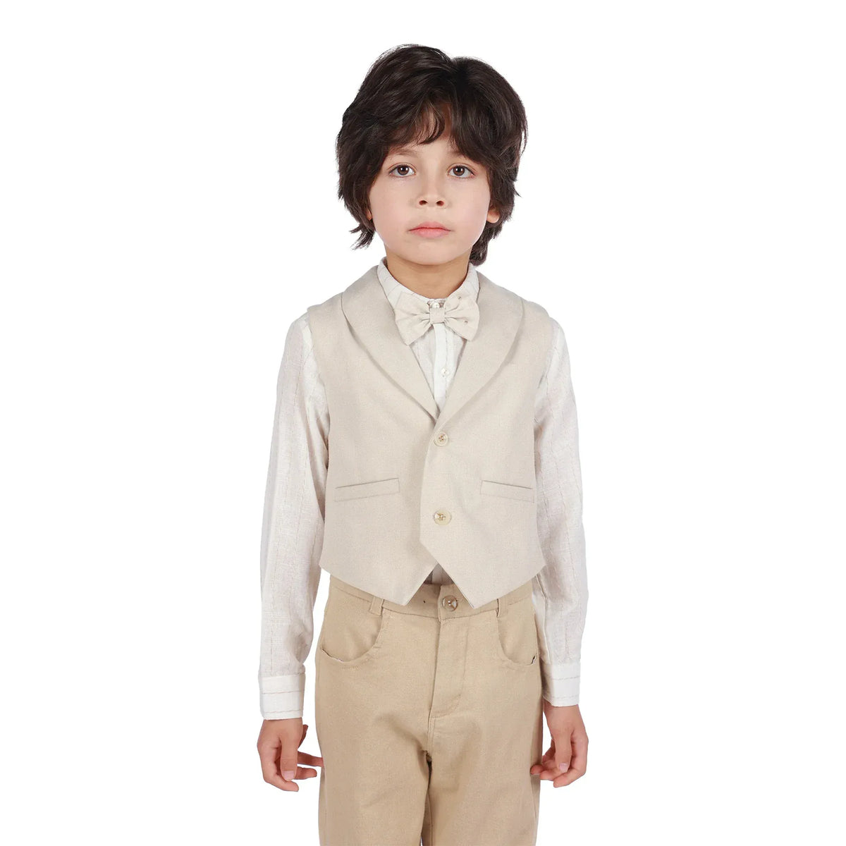 Beige Solid Formal Waistcoat for Boys Image