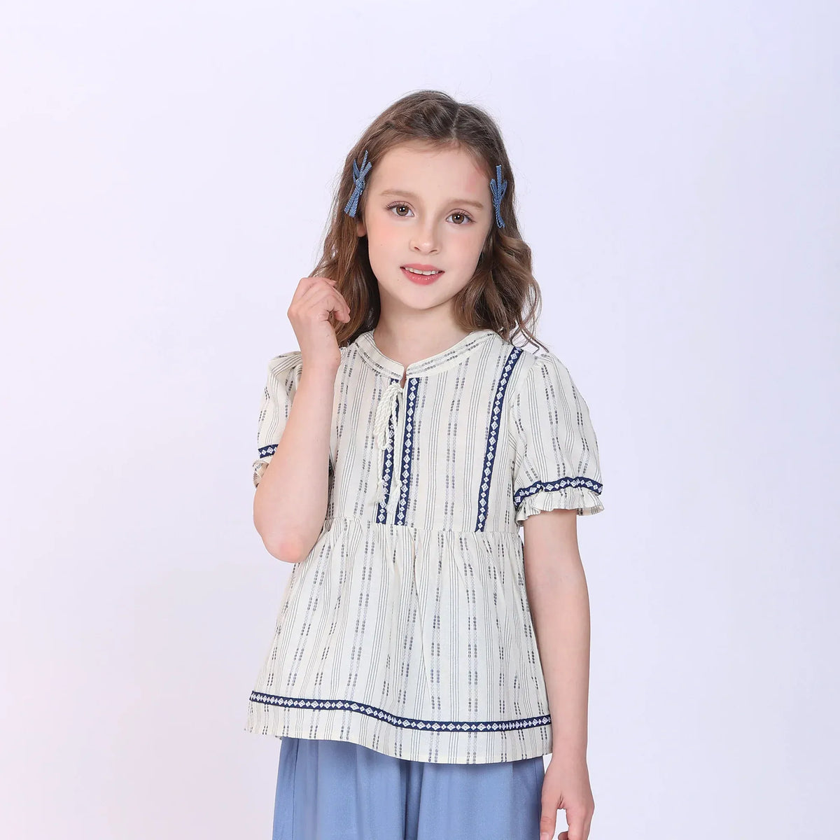 Navy Striped Blouse for Girls Image