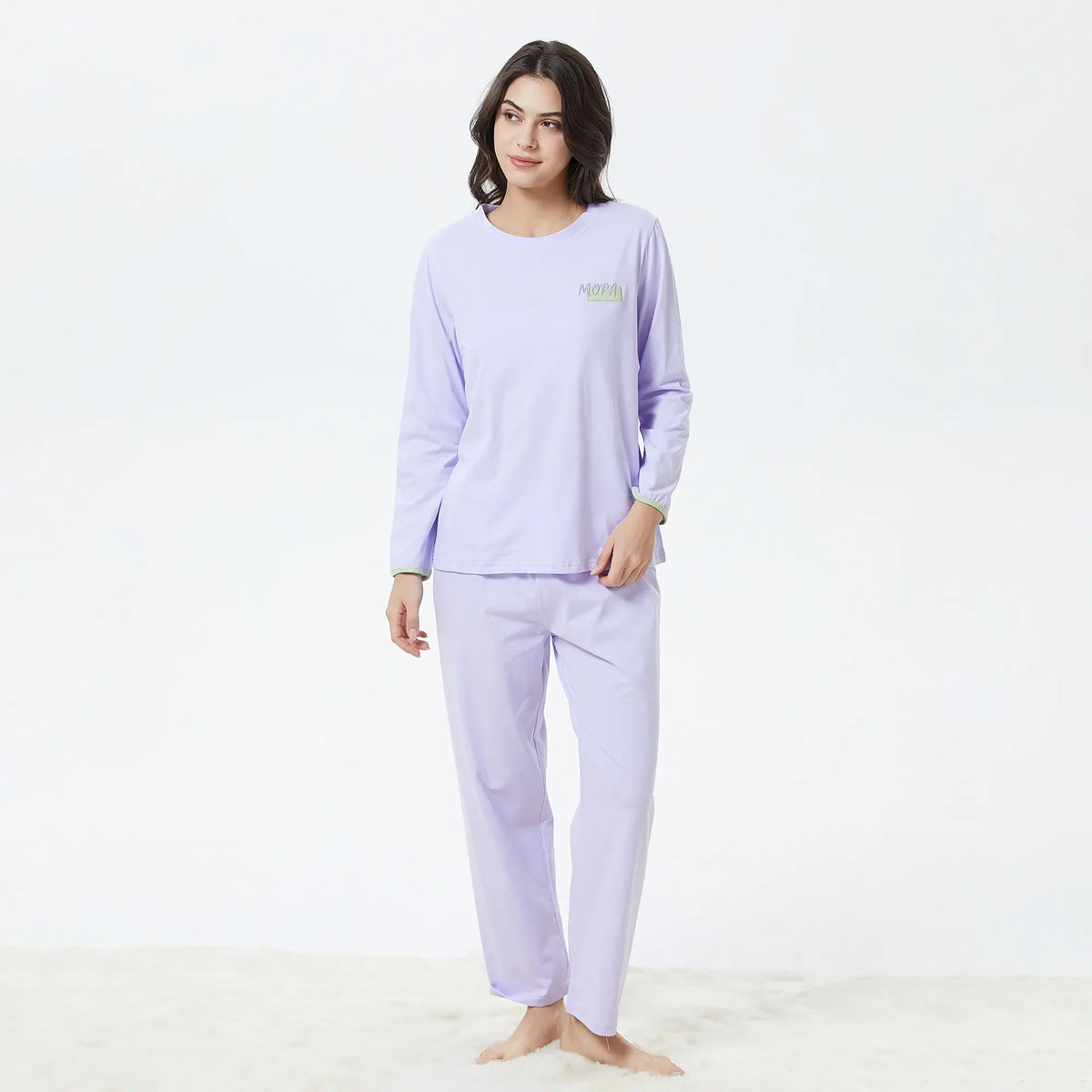 S Light Purple S,T.Shirt:60.5-Pants:91,96,53.5,62,60,97 Embroidery Pajama Set-2Pc for Women Image