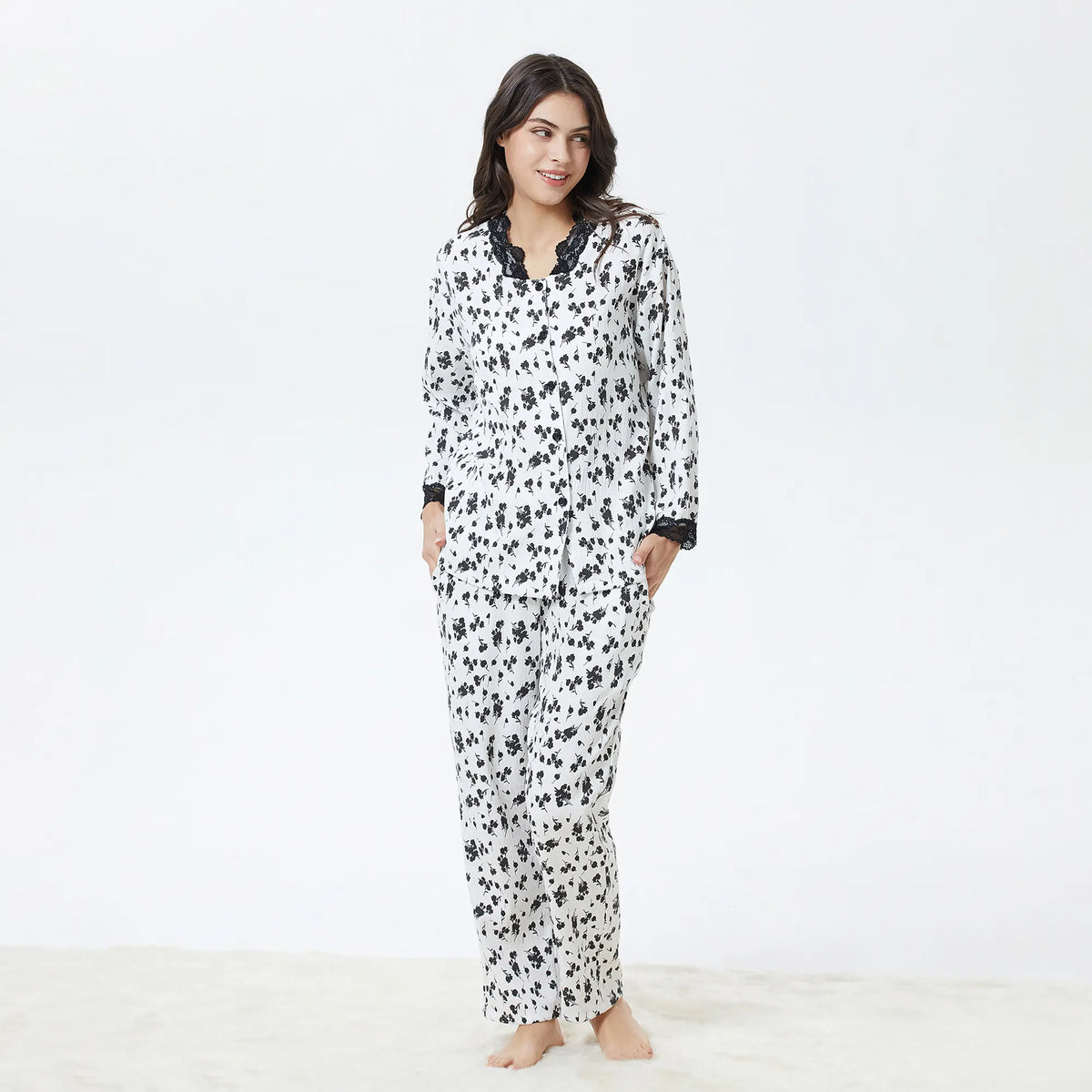 S Black S,Shirt:64-Pants:93,104,47,60,56,104 Floral Pajama Set-2Pc for Women Image