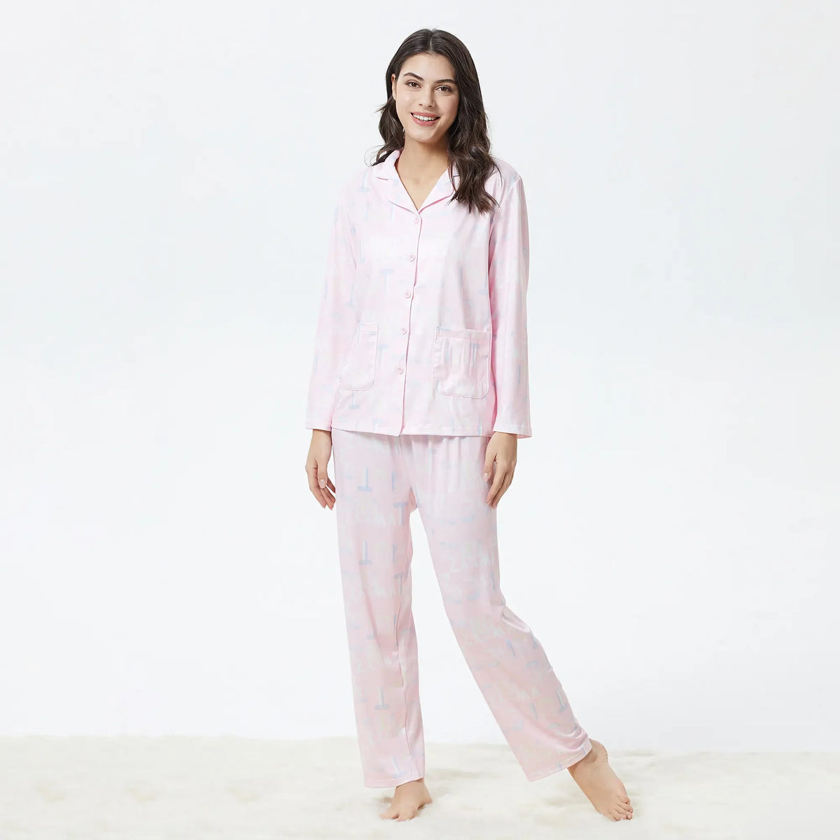 S Pink S,Shirt:62-Pants:93.5,97,53.5,58,61,98 Printed Pajama Set-2Pc for Women Image