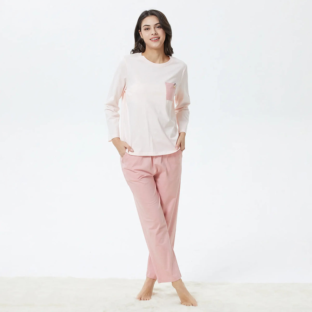 S Pink S,T.Shirt:62-Pants:92.5,97,53.5,60,61,99 Plain Pajama Set-2Pc for Women Image