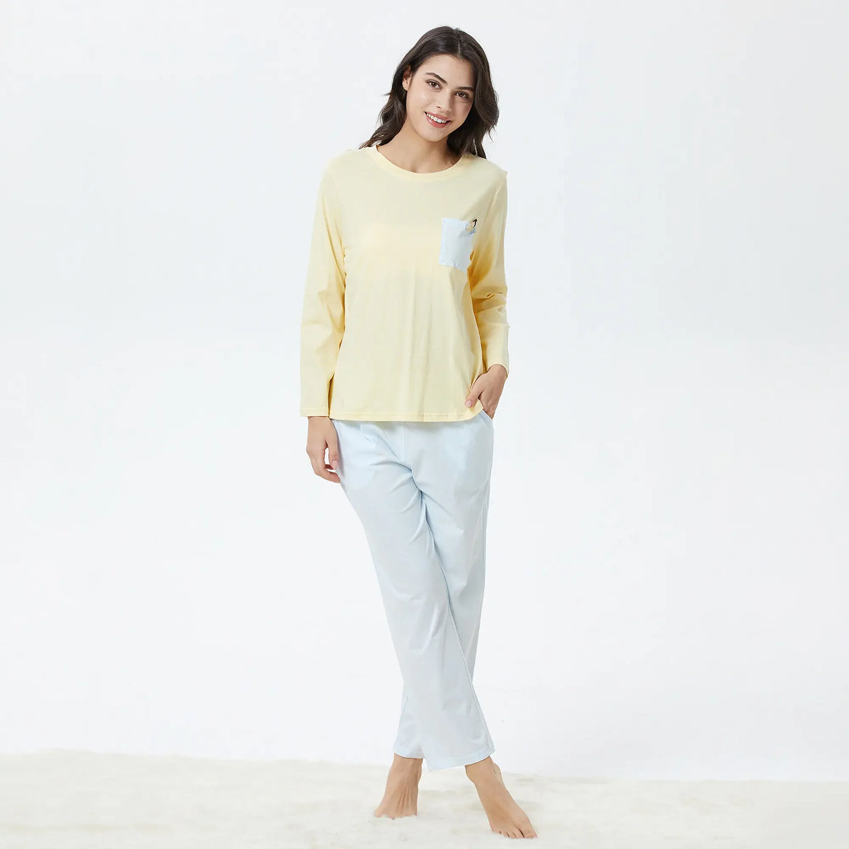 S Yellow S,T.Shirt:62-Pants:92.5,97,53.5,60,61,99 Plain Pajama Set-2Pc for Women Image