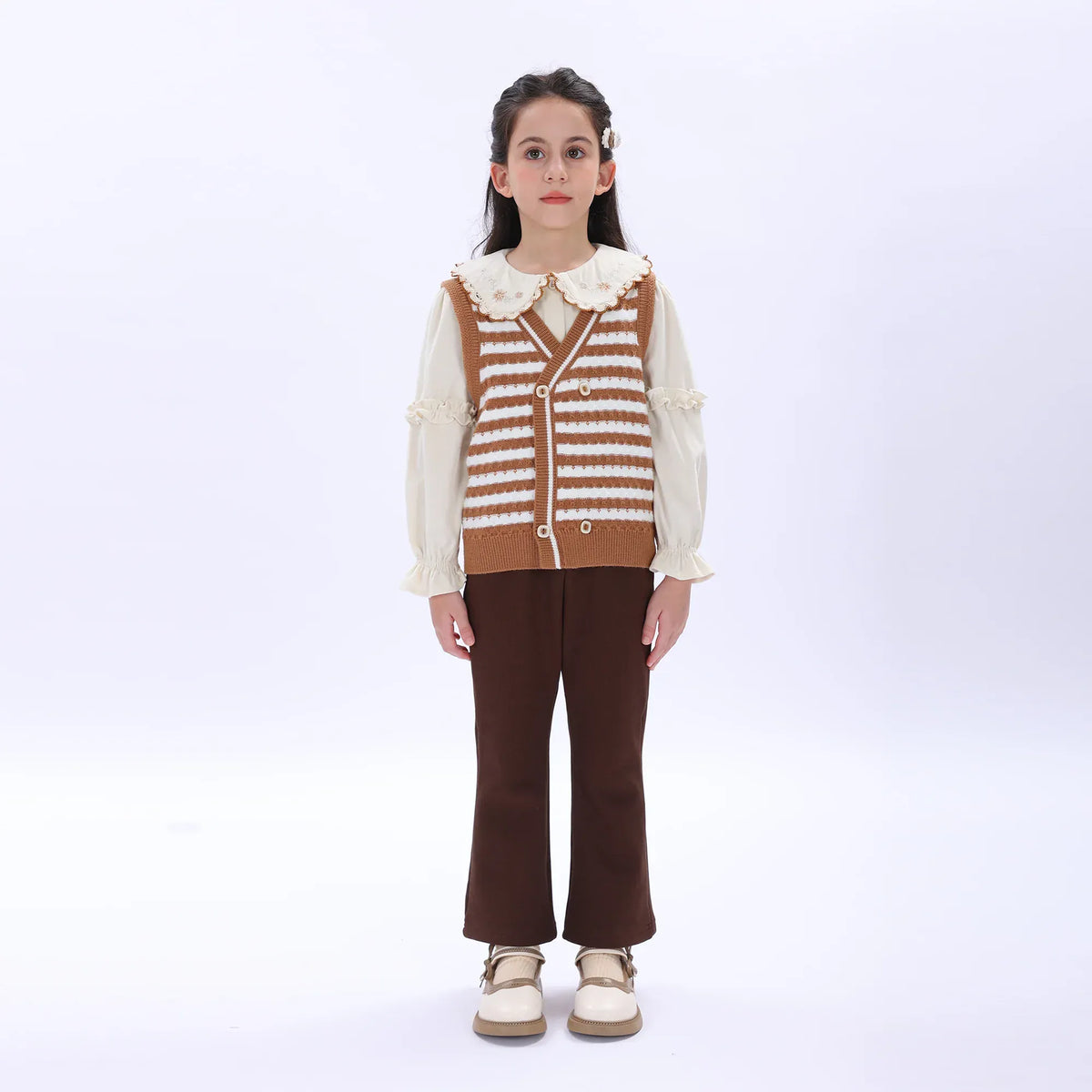 Coffee Casual Striped Waistcoat for Girls Image