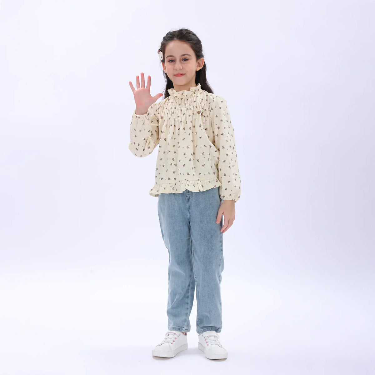 Beige Casual Floral Shirt for Girls Image