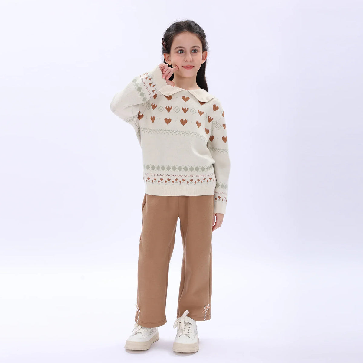 Beige Casual Jacquard Sweater for Girls Image