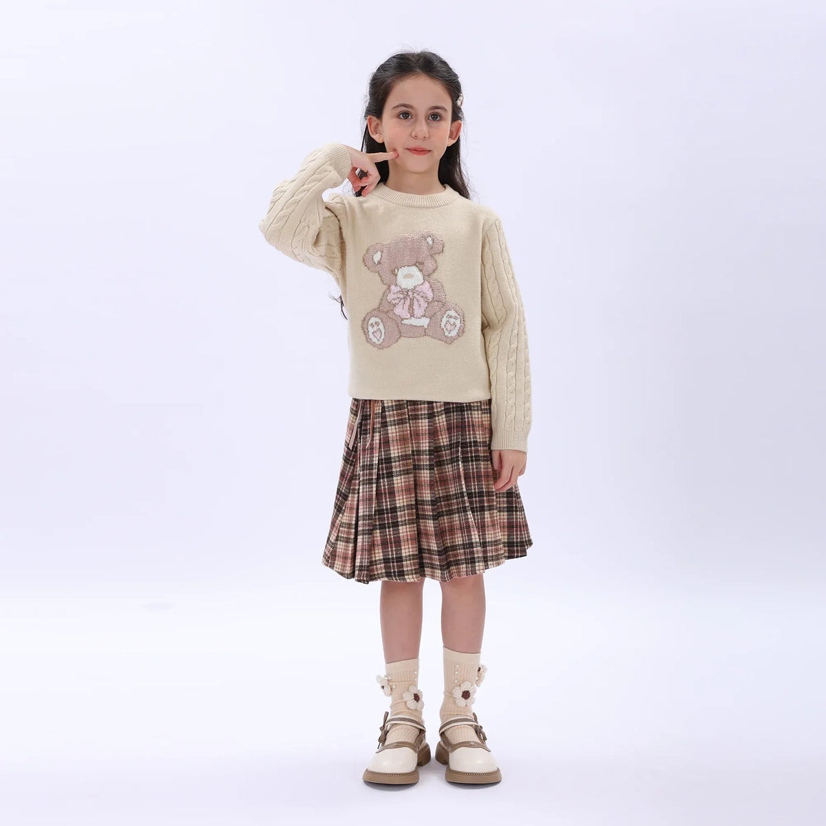 Coffee Casual Checked Skirt for Girls Image