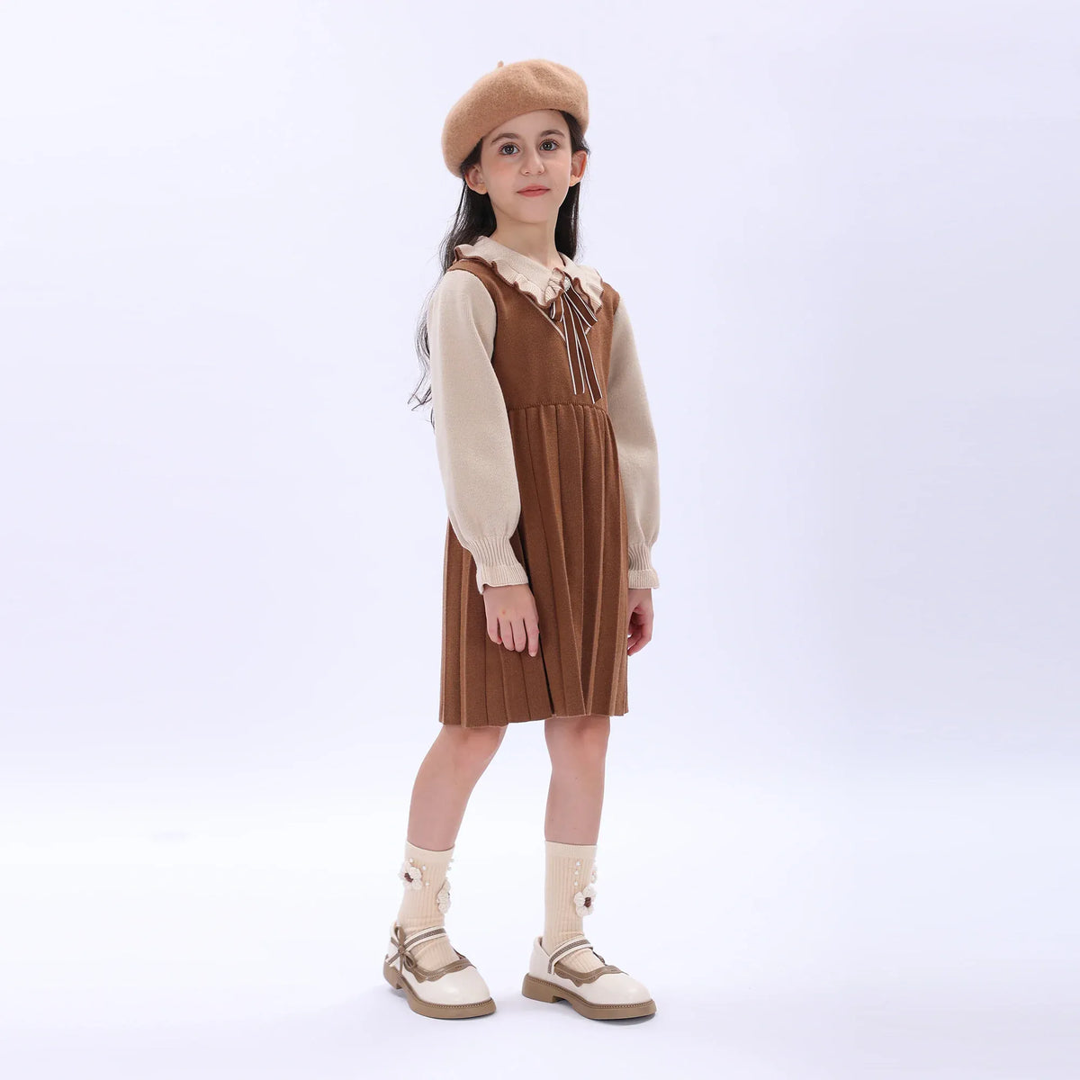 Light Coffee Casual Color-Blocked Dress for Girls Image
