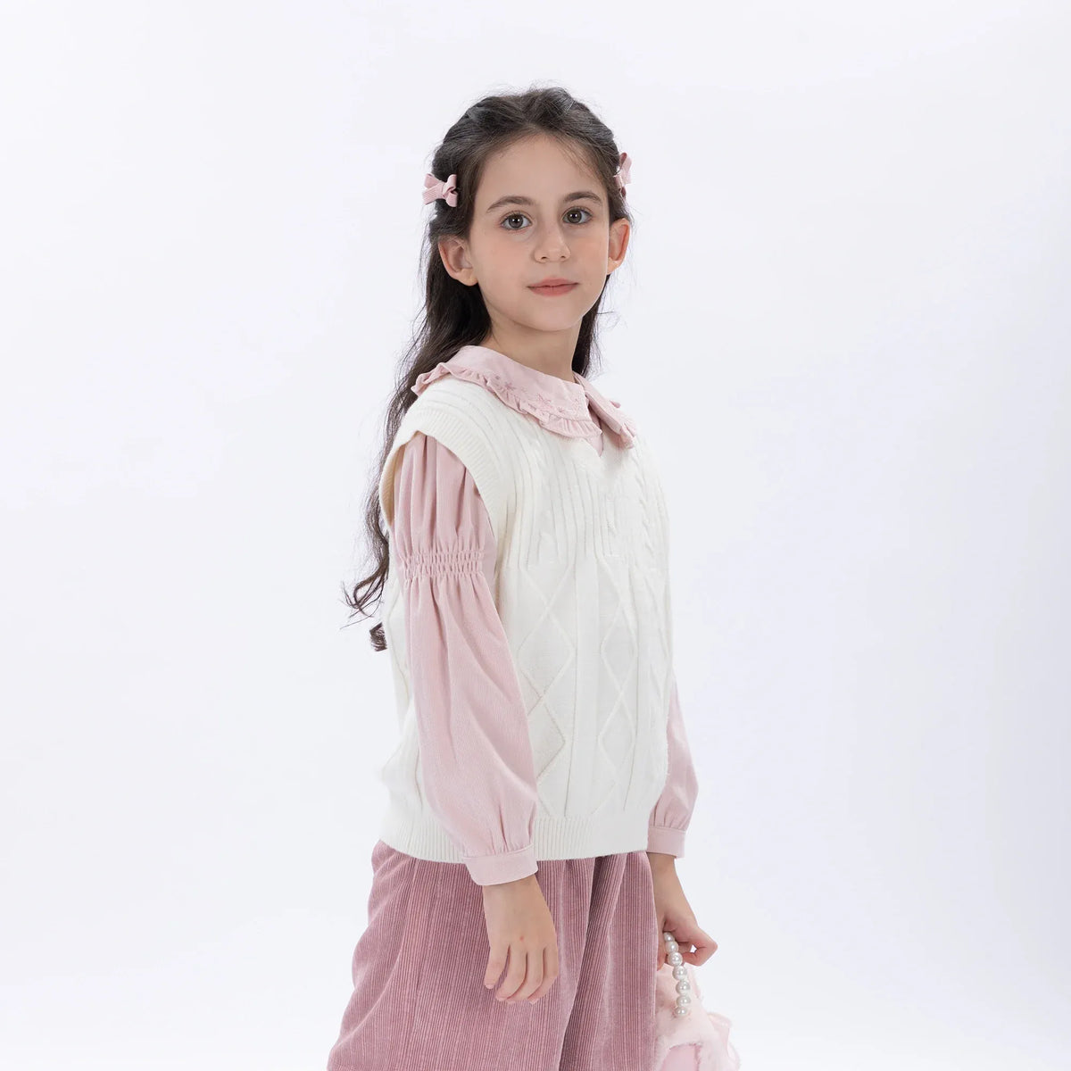 Off White Casual Jacquard Waistcoat for Girls Image
