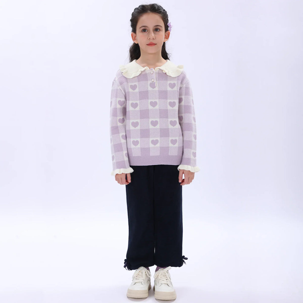 Light Purple Casual Checked Sweater for Girls Image