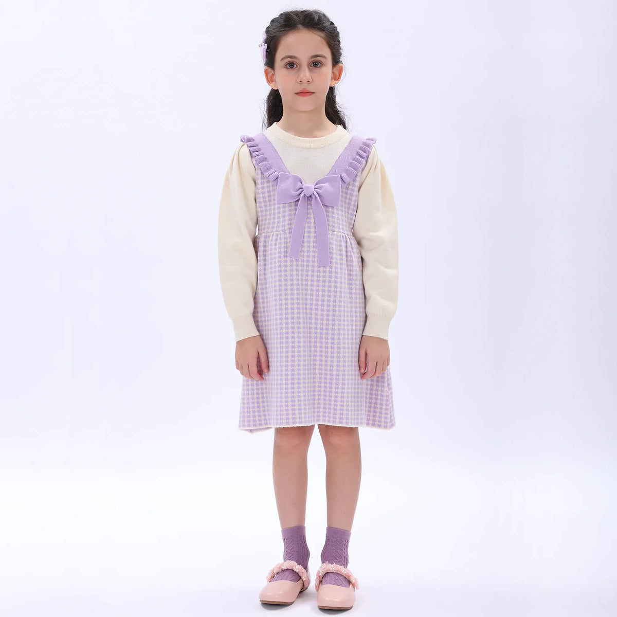 Light Purple Casual Checked Dress for Girls Image