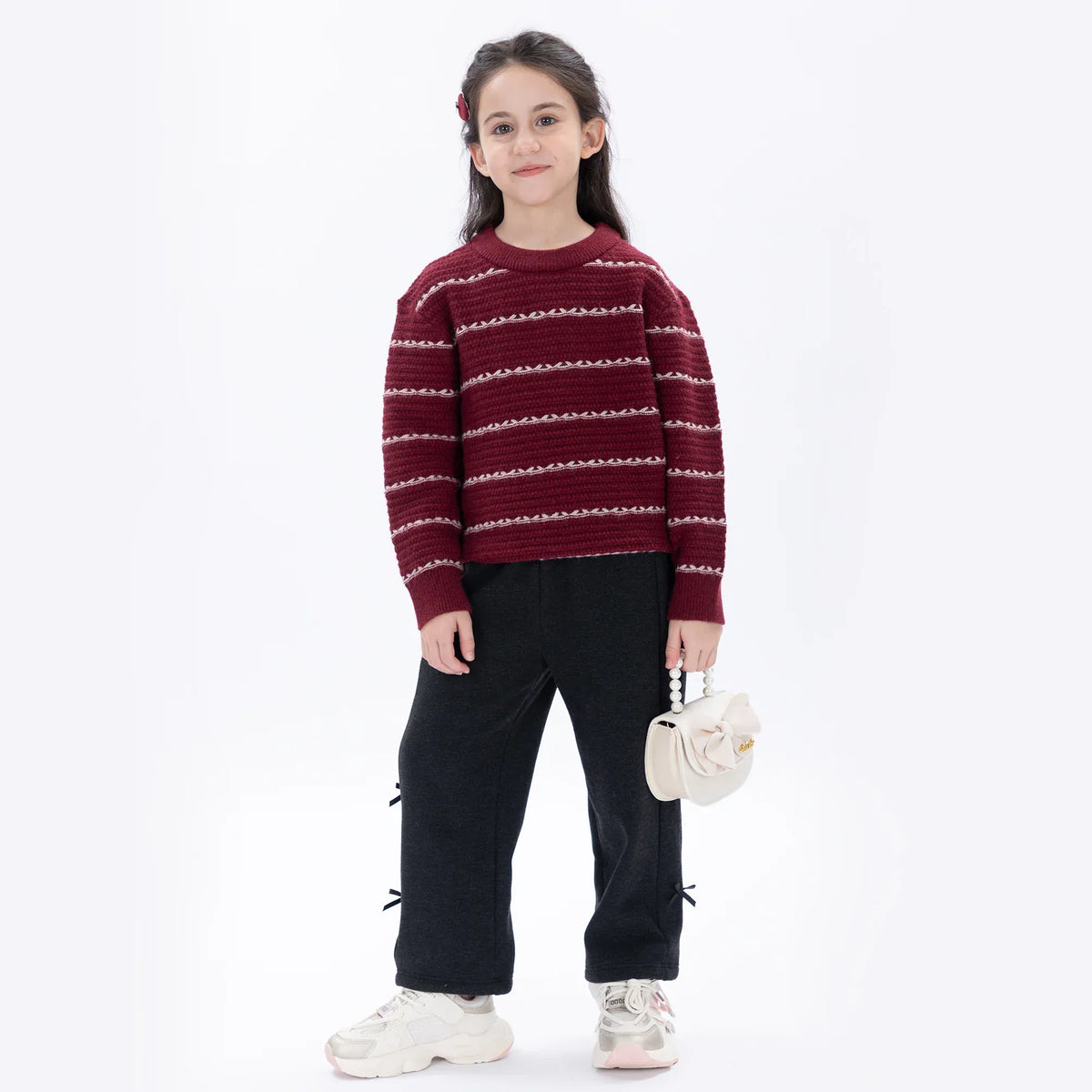 Light Maroon Casual Striped Sweater for Girls Image
