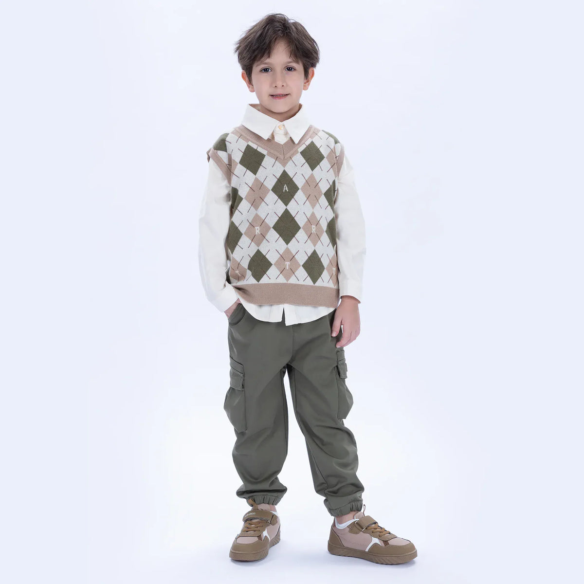 Army Green Casual Badge Pants for Boys Image