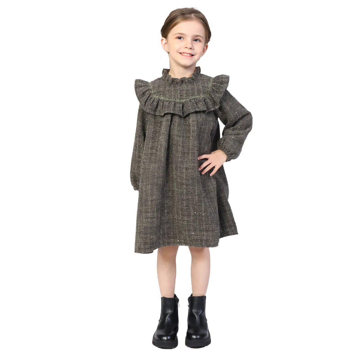 Dark Green Checked Classic Dress for Girls Image