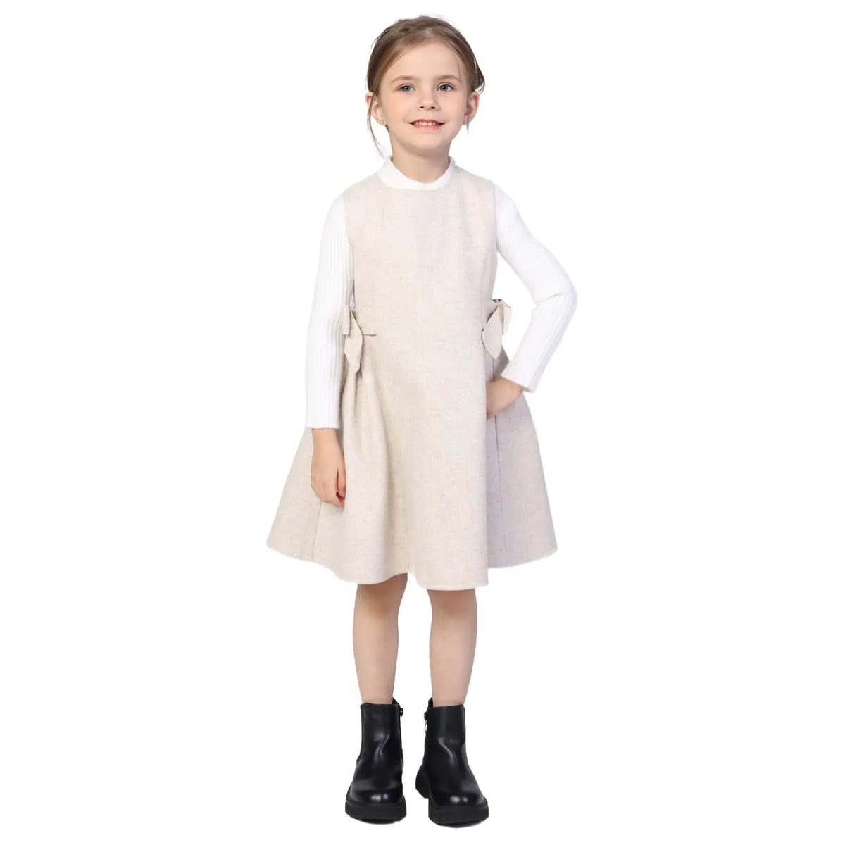 Beige Solid Classic Dress for Girls Image