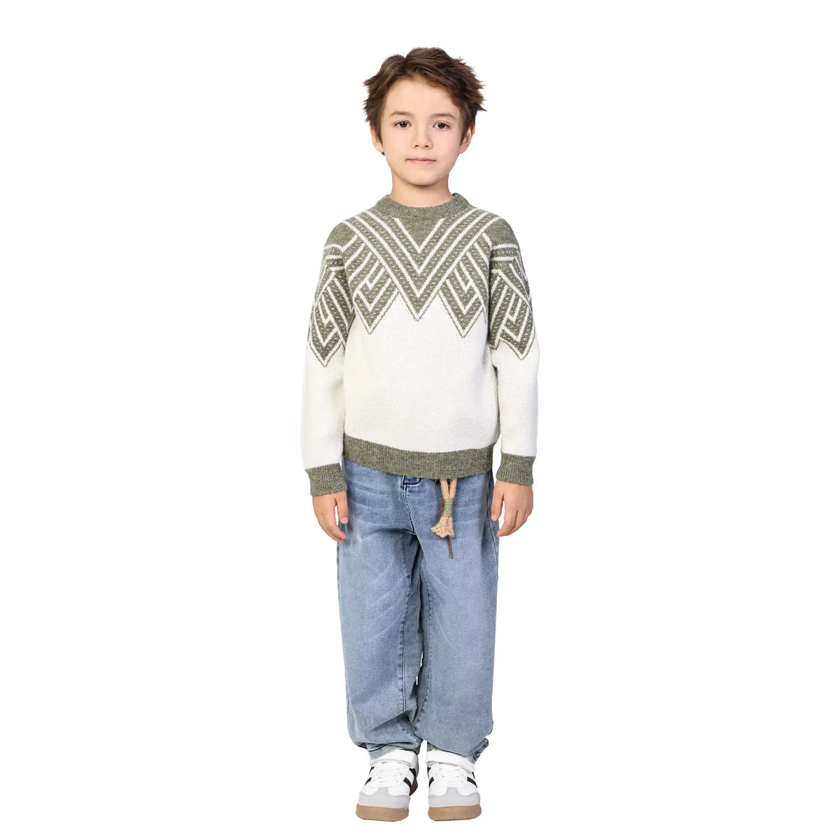 Beige Green Color-Blocked Classic Pullover for Boys Image