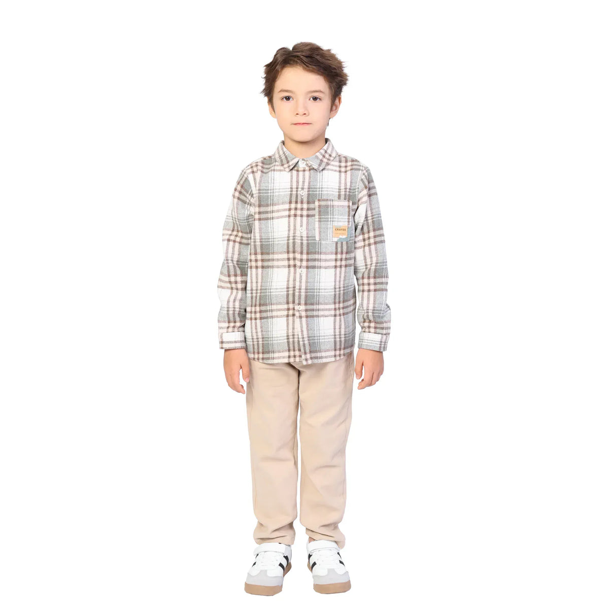Beige Green Checked Classic Shirt for Boys Image