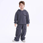Dark Grey Blue Casual Plain Hoodie for Boys Image