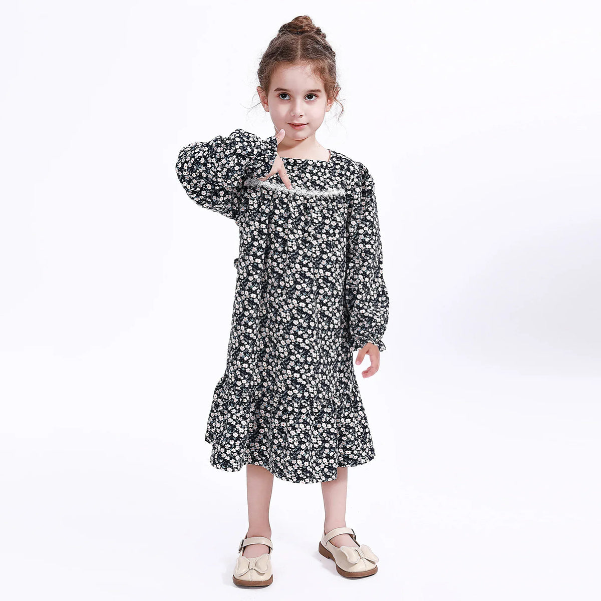 Navy Casual Floral Dress for Girls Image