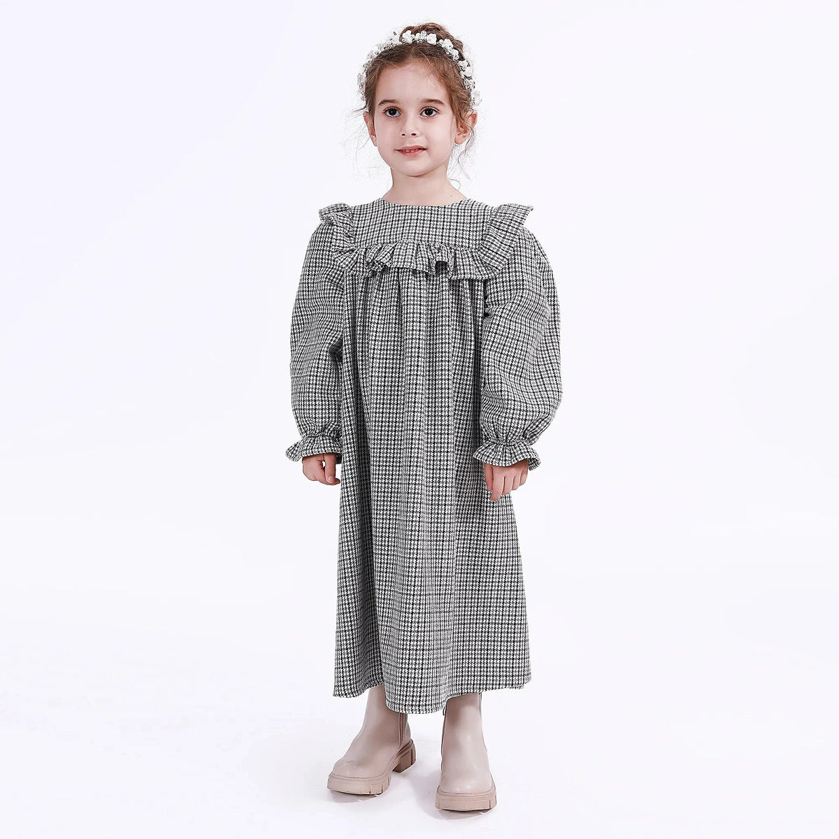 Grey Casual Checked Dress for Girls Image
