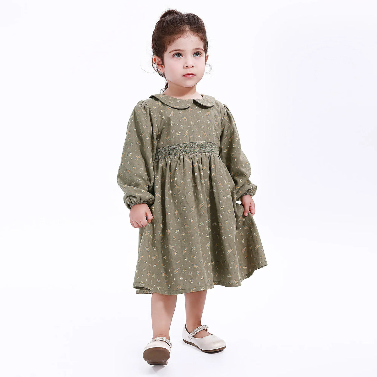 Army Green Casual Floral Dress for Baby girl Image