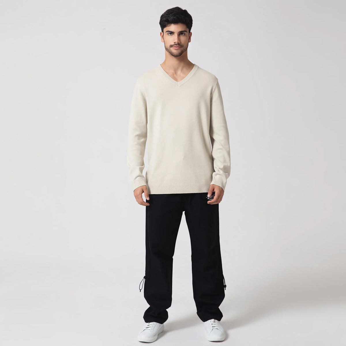 Beige Casual Solid Sweater for Men Image