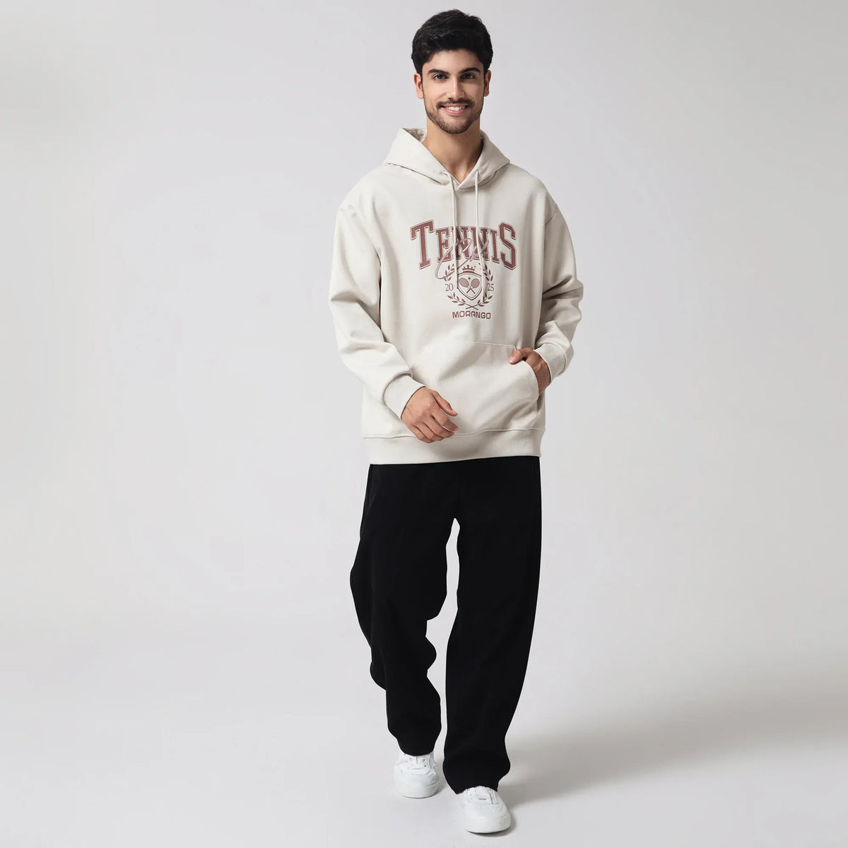 Beige Casual Printed Hoodie for Men Image