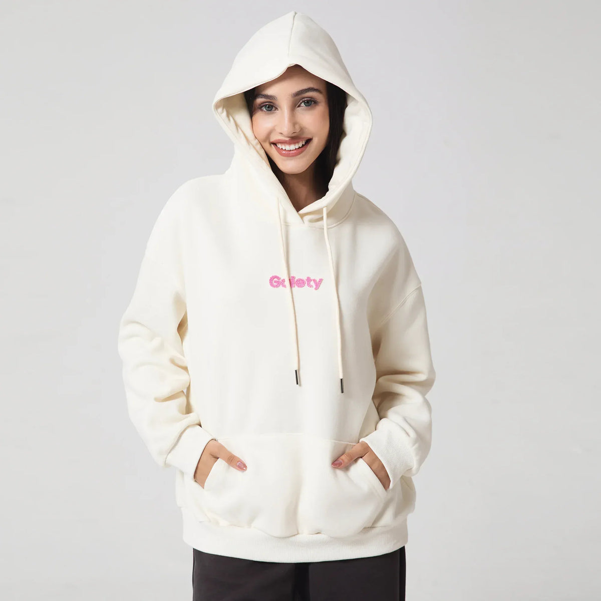 Beige Casual Embroidery Hoodie for Women Image