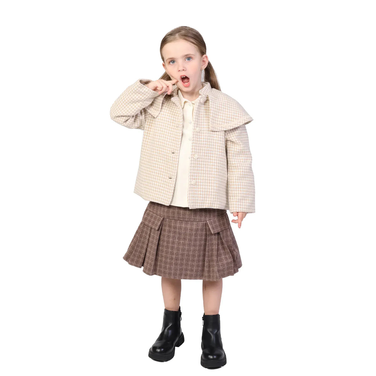 Beige Checked Formal Jacket for Girls Image