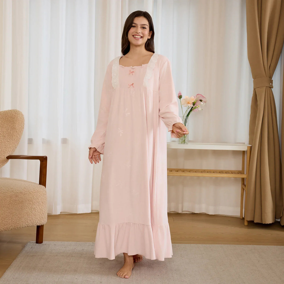 Light Pink Jacquard Pajama Dress for Women Image