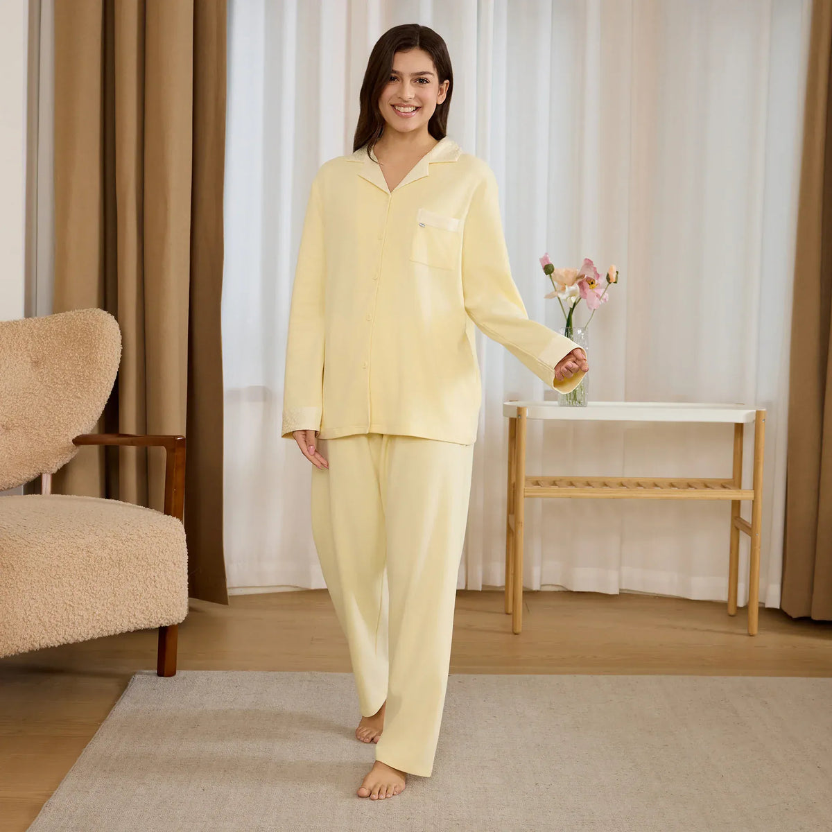 Yellow Color-Blocked Pajama Set-2Pc for Women Image