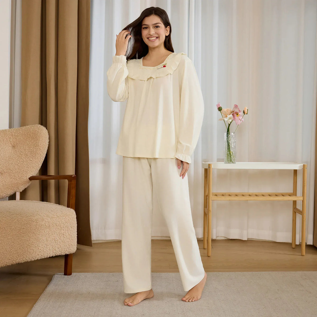 Light Yellow Embroidery Pajama Set-2Pc for Women Image