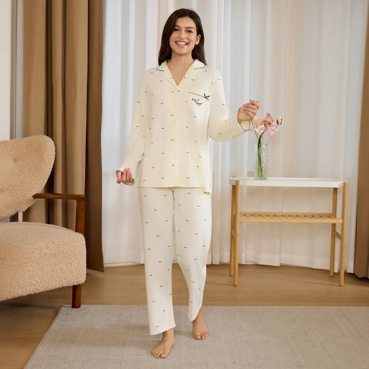 Light Beige Printed Pajama Set-2Pc for Women Image