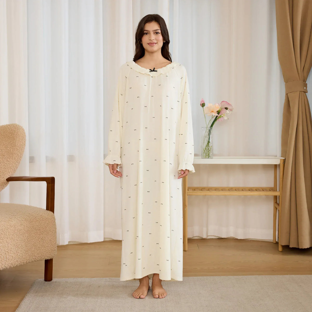 Light Beige Printed Pajama Dress for Women Image