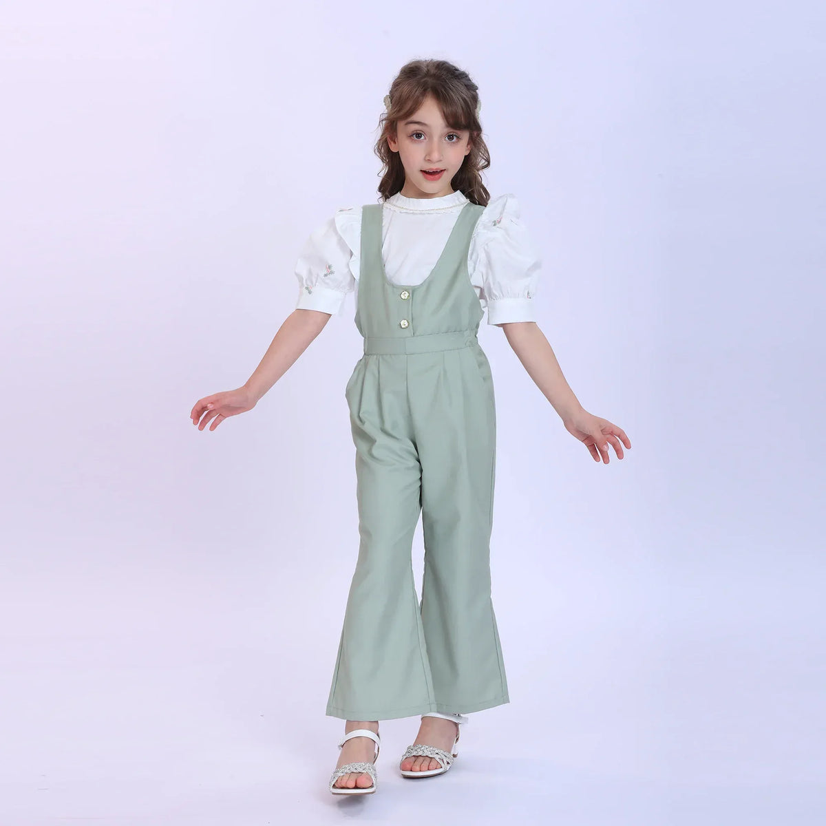 Green Plain Fashion Overalls For Girls Image