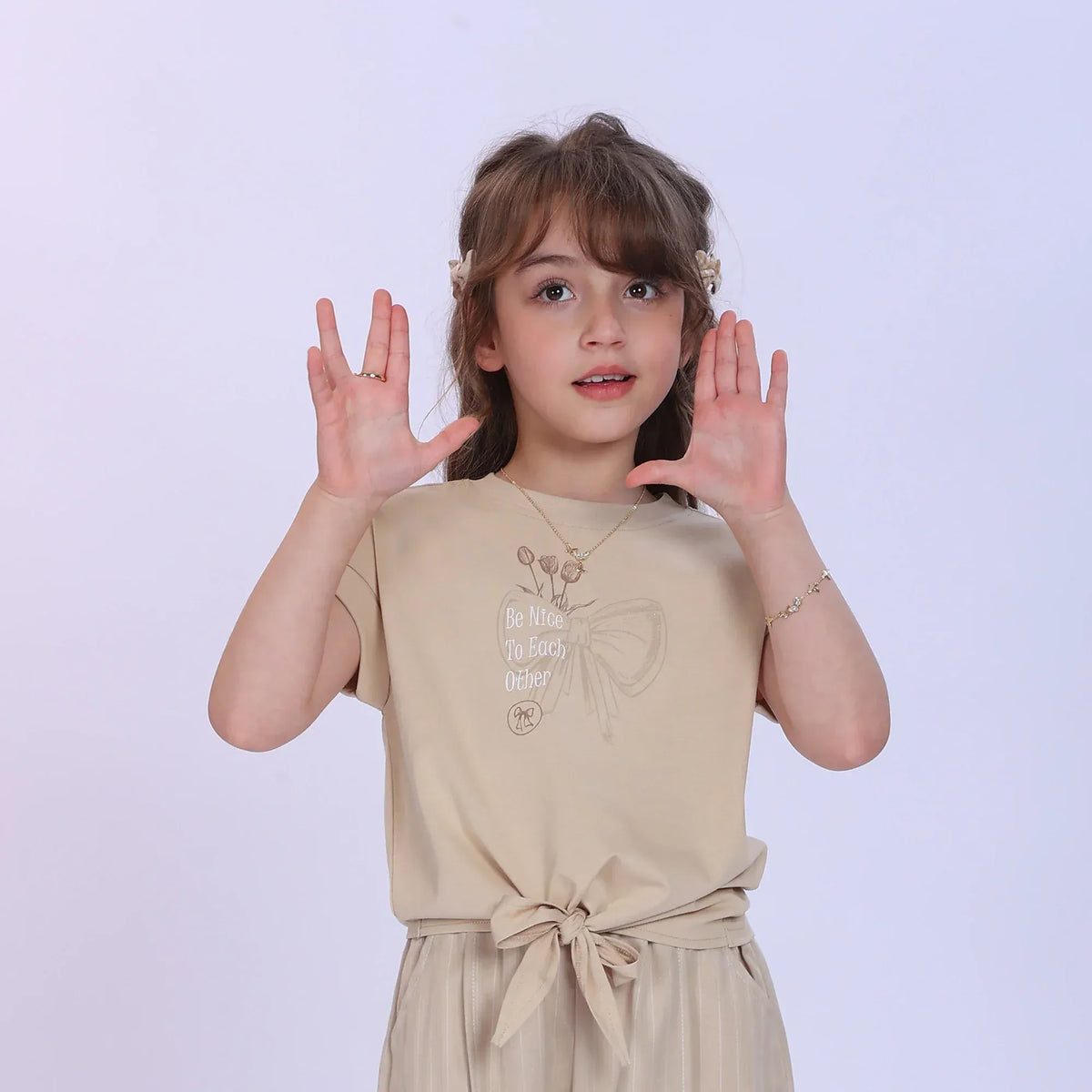 Beige Printed Fashion T-Shirt For Girls Image