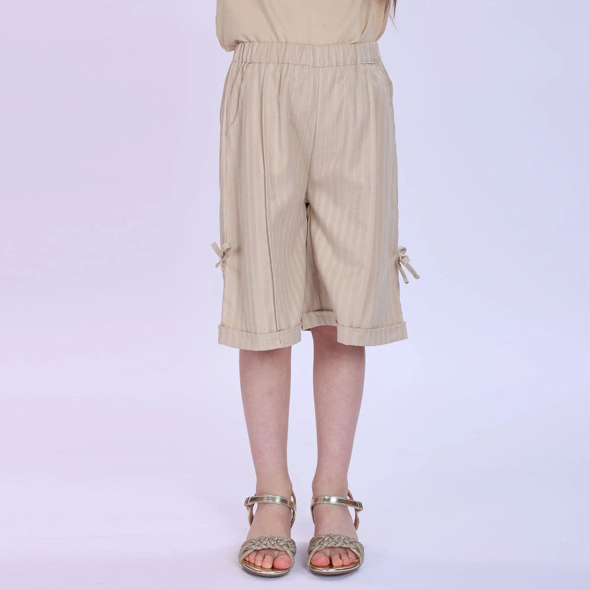 Khaki Striped Fashion Shorts For Girls Image