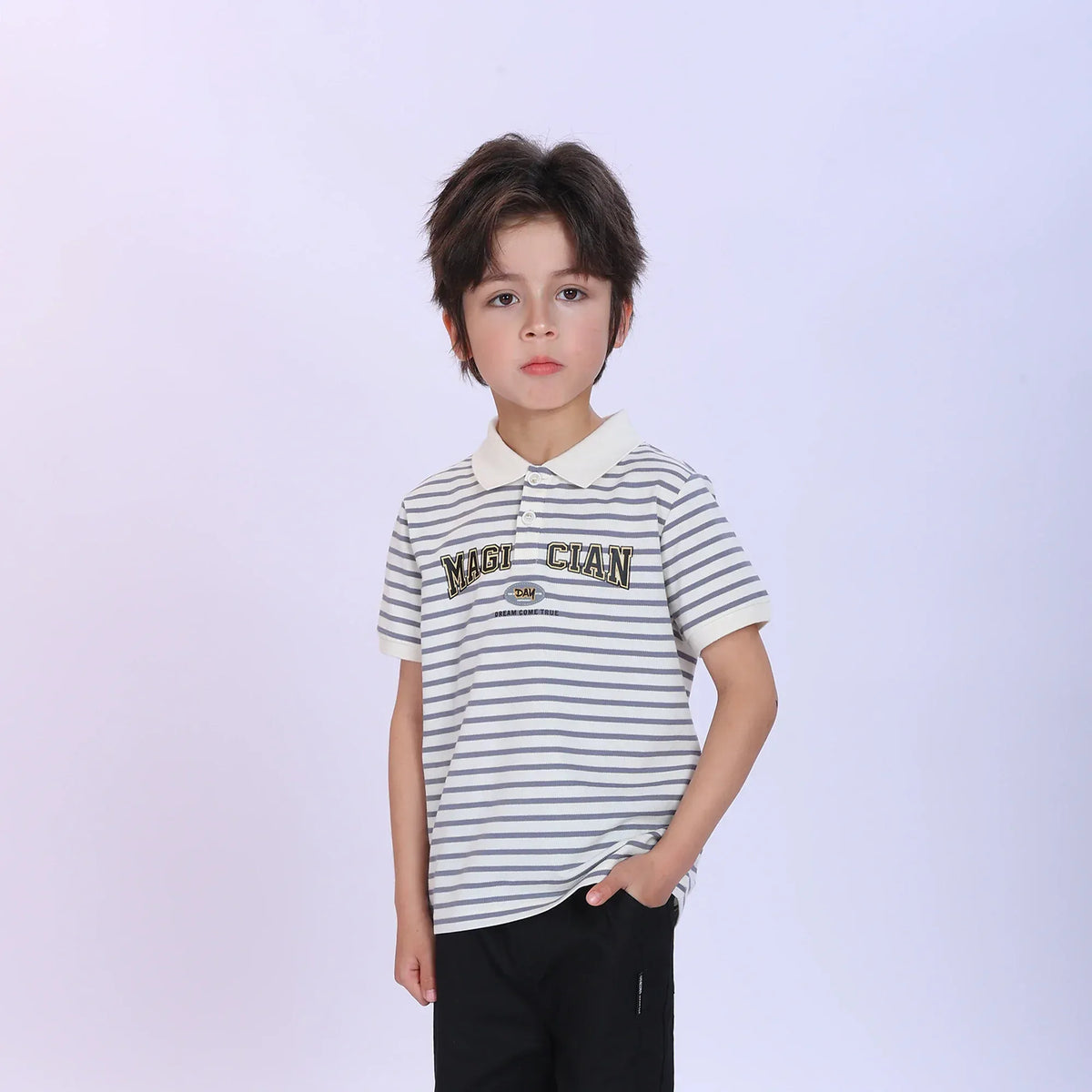 Grey Striped Fashion Polo Shirt For Boys Image